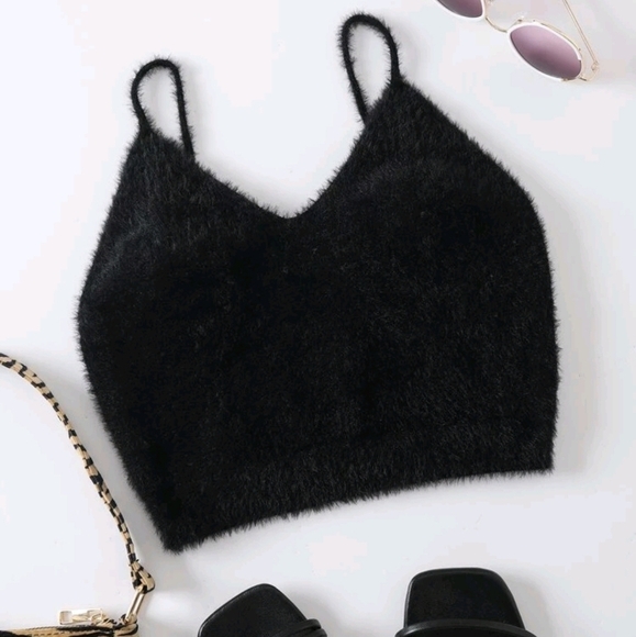 Chic Black Fuzzy Crop Top​​ - Picture 1 of 10